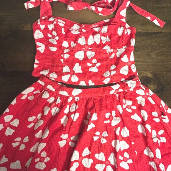 Free People Red White Floral Print Smocked Halter Crop Top Skirt Set Sz XL Boho - Picture 4 of 11
